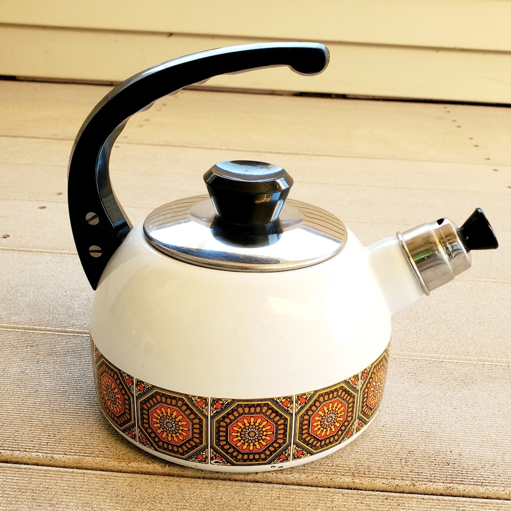 Vintage 1970's White Enamel Metal Tea Pot